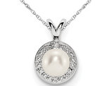 Solitaire White Cultured Freshwater Pearl 6mm Pendant Necklace in Sterling Silver with Chain